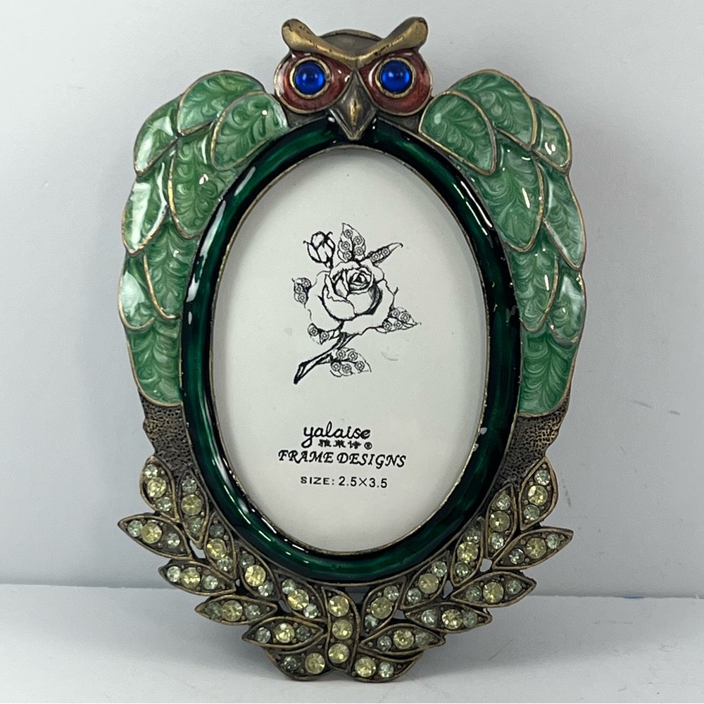 3/$30 Owl Antiqued Gold Enamel and Crystal 2.5 X 3.5 Oval Tabletop Frame